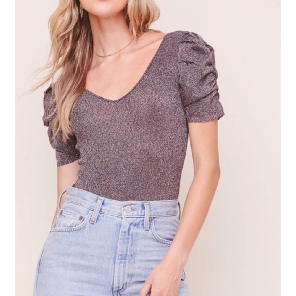 ASTR the Label Anthropologie Ruched Puff Sleeve Bodysuit Shimmer‎ XS NWOT